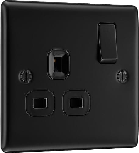 Image of BG Electrical Single Switched Power Plug Wall Socket, Raised and Slim Profile, Round Edges, Nexus Metal, Matt Black, 13A, NFB21B