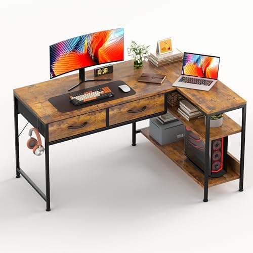 Image of CAIYUN L Shaped Computer Desk with 2 Drawers, 100CM Office Corner Desk with 2 Storage Shelves, Working Table Study Table for Home Office Desk, Brown