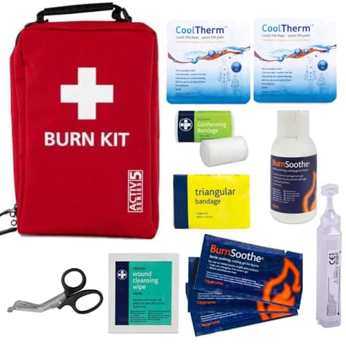 Image of Premium Burns First Aid Kit Bag - Fully Stocked in Red Burns Bag with Compartments, Containing Burns Gel, Burns Dressings, Bandages, Scissors