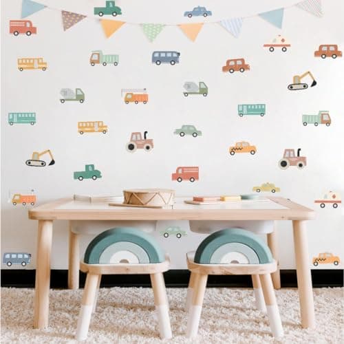 Image of MXAEUK Watercolor Transportation Vehicle Wall Decals,Truck Tractor Excavator Bus Vinyl Wall Stickers, Self-Adhesive Cartoon Construction Car Artwork for Boys Bedroom Playroom Decor