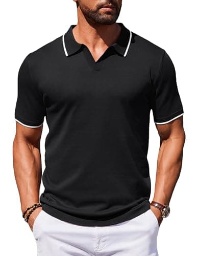 Image of COOFANDY Mens Polo Shirts Short Sleeve Knitted T-Shirt V Neck Designer Poloshirt Summer Golf Top Slim Fit Black S