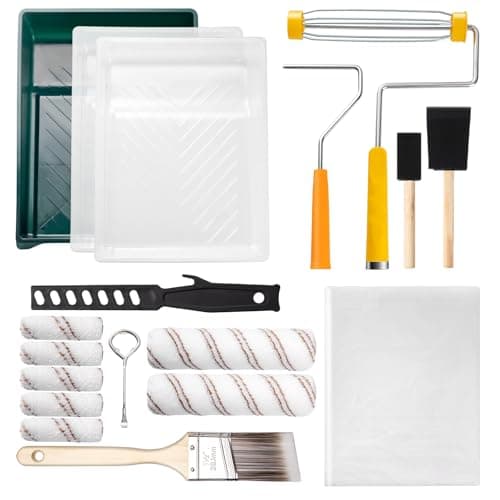 Image of Mister Rui-18pcs Paint Roller Set, 9" 4" Paint Roller and Brush Set, Max and Mini Paint Roller Set for Wall Painting and Decorating, Roller Tray, Sponge Brush, Dust Sheet, Can Opener, Stirrer