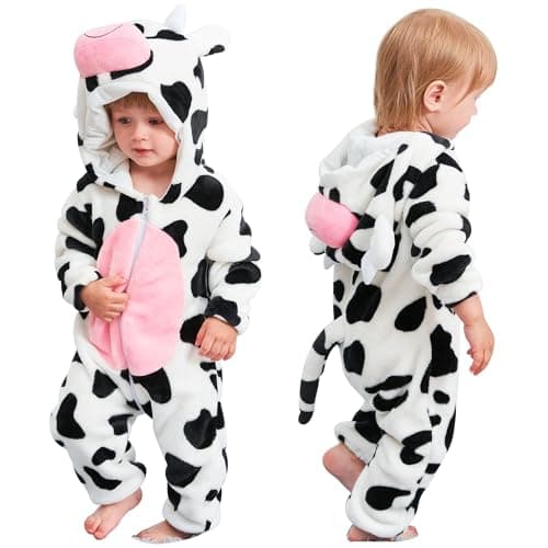 Image of COOKY.D Newborn Infant Hooded Flannel Romper Autumn Winter Outfit Toddler Jumpsuit Long Sleeve Playsuits for Baby Girls Boys, 18-24 Months, Cow