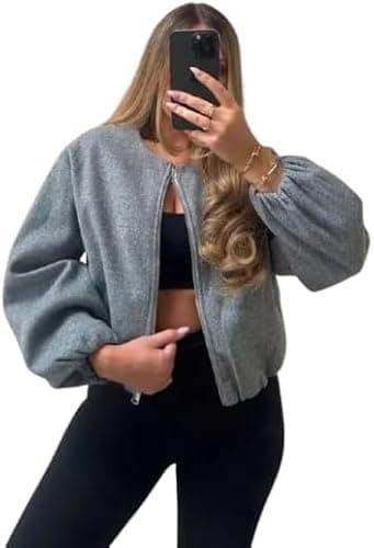 Image of Seemefashion Womens Zip Bomber Jacket Ladies Long Balloon Puff Sleeve Pocket Zipper Jumper Crop Top (UK, Numeric, 6, 14, Regular, Regular, Grey)