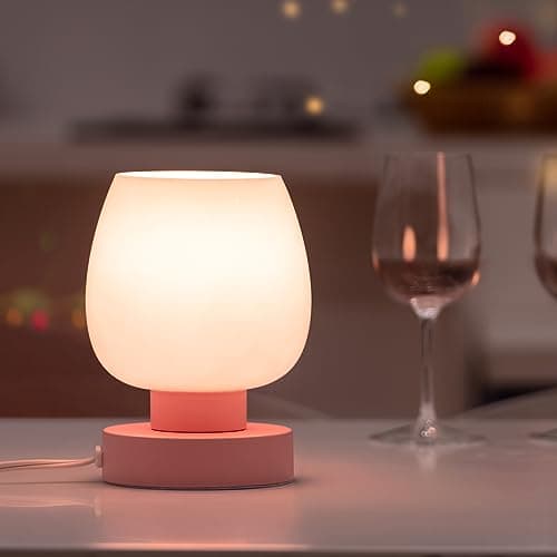 Image of ONEWISH Touch Bedside Table Lamp - Modern Small Lamp for Bedroom Living Room Nightstand, Desk lamp with White Opal Glass Lamp Shade, Warm LED Bulb Included, 3 Way Dimmable, Simple Design Pink