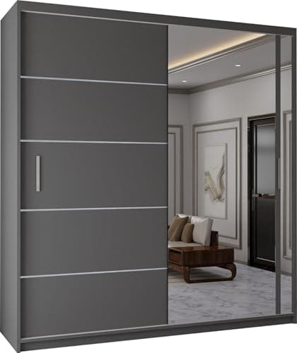 Image of MN Furniture Modern Double Sliding Door Wardrobe 2 Mirrored Hanging Rails & Shelves Storage Cabinet for Bedroom (Grey, 203cm)