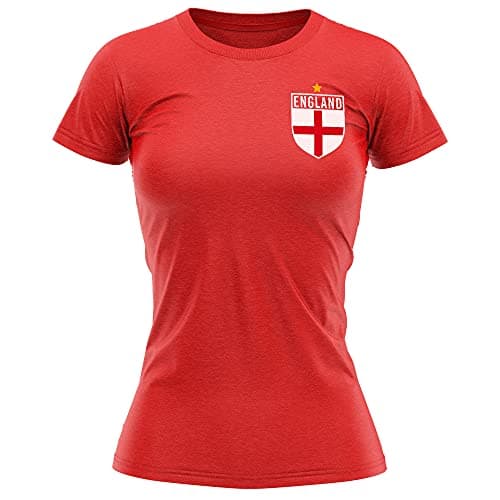 Image of England Shirt Women - Womens England Flag Badge T Shirt - Football Country European Supporters 2020 Retro Tee Her - English Tournament 2021 Footy Soccer Top, M, Red