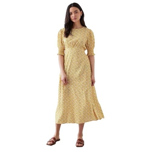 Image of Dorothy Perkins Petite Yellow Ditsy Shirred Cuff Midi Dress, 8, Yellow