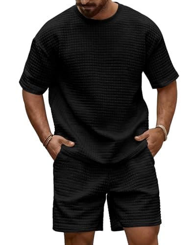 Image of KUYIGO Mens Tracksuit Set Short Sleeve Crew Neck Waffle Texture Two Piece Outfit with Elastic Waist Shorts Soft Casual Business Pullover Set, Black L