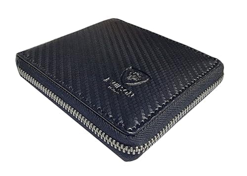 Image of J. Wilson London Mens Designer Zip Around Genuine Soft Real Leather Wallet Credit Card Holder Purse (Dark Blue/Black)