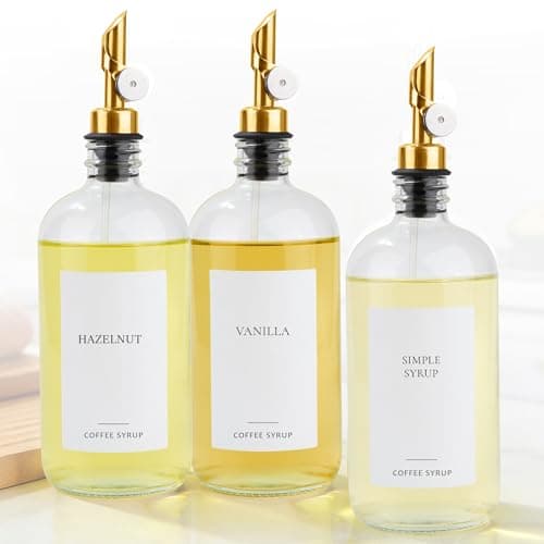 Image of Ezebesta Set of 3 Coffee Syrup Glass Dispenser Bottles 480ml Pump Bottles with 20 Labels for Coffee Bar Organization - PUMP PATENT REGISTERED