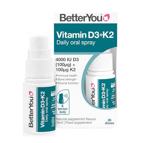 Image of BetterYou Vitamin D3 K2 Oral Spray, Fast Acting Vitamin D 4000 IU + Vitamin K2 (MK7) Supplement, Supports Bones, Teeth, Immune System & Blood Clotting, 1-Month Supply, Natural Peppermint Flavour
