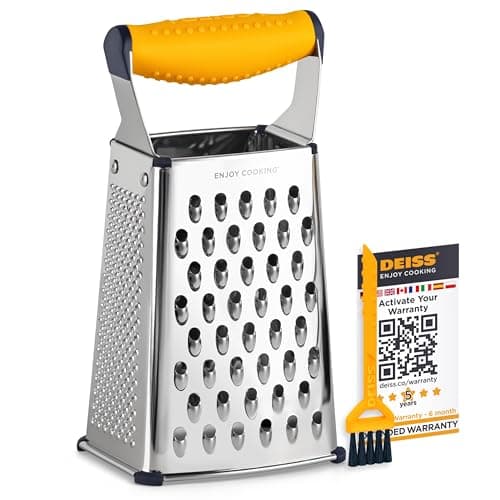 Image of Deiss PRO Box Grater & Cheese Graters for Kitchen - Stainless Steel Cheese Grater and Food Shredder, 4 Sided Hand Grater for Block Cheese, Vegetables, Non-Slip Base, Dishwasher Safe