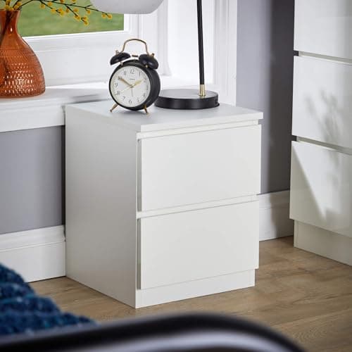 Image of Home Source Bedside Nightstand, High Gloss Finish Bedroom Cabinet, Side Chest Lamp Table, 2 Drawer, White