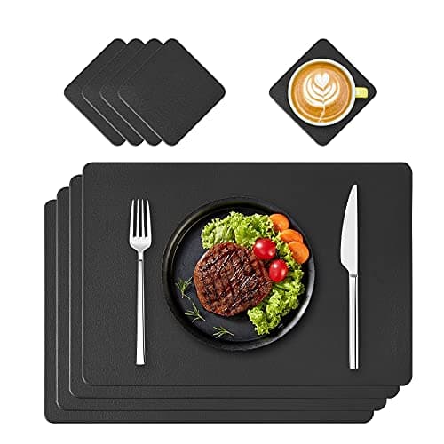 Image of Oinvs Placemats PU Leather Place Mats and Coasters Black Sets of 4 Christmas Placemats Washable Waterproof Table Mats 45x30cm, Suitable for Kitchen Indoor Outdoor Dining Table Restaurant