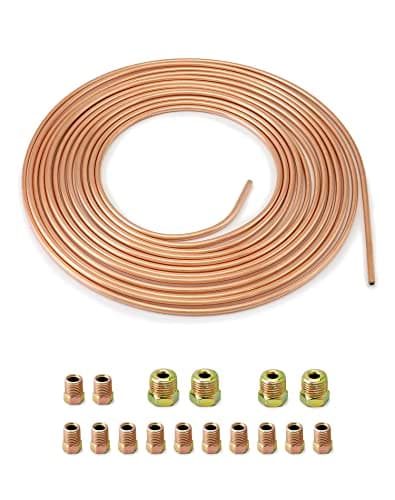 Image of QWORK® 3/16" x 25ft/7.6m Copper Plated Brake Pipe, OD 4.76mm, ID 3.3mm with 16 nuts