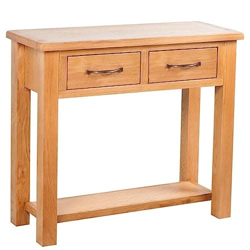 Image of vidaXL Solid Oak Wood Console Table 2 Drawers with Handles Brown Stand Desk