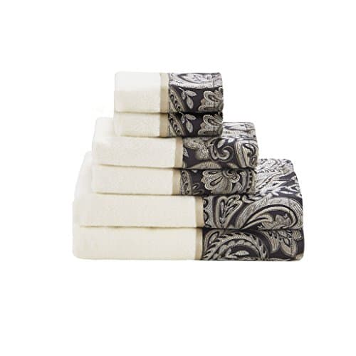 Image of Madison Park Aubrey 100% Cotton Luxurious Bath Towel Set Highly Absorbent, Quick Dry, Jacquard Paisley Design, Hotel & Spa Quality for Bathroom Decor, Multi-Sizes, Black 6 Piece
