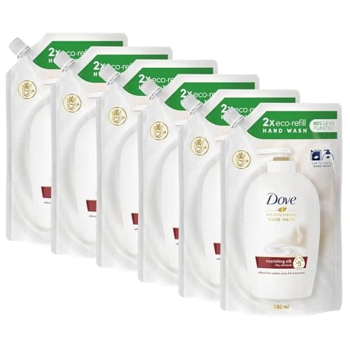 Image of Dove Moisturising Eco-Refill for Liquid Hand Wash Nourishing Silk Effective Antibac Cleansing for 24H Nourishment and Instantly Soft Skin 500ml, 6 Pack