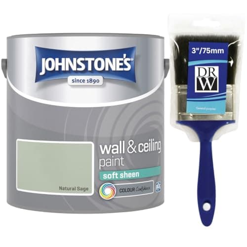 Image of Natural Sage Johnstone’s Wall & Ceiling Soft Sheen Paint 2.5L + 3" Brush – Subtle Sheen Finish, Durable & Washable, Quick Dry, Low Odour Interior Paint for Walls & Ceilings