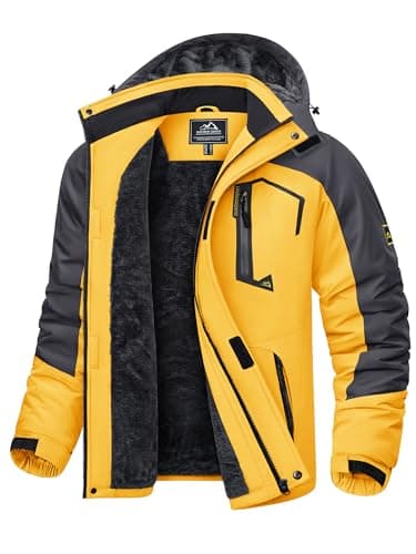 Image of KEFITEVD Men Windproof Fleece Jackets Winter Warm Ski Raincoats Outdoor Soft Shell Coats with Detachable Hood,Yellow Grey,M