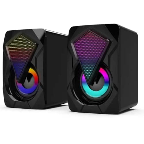 Image of Portable, Powerful Mini Speakers for PC LaptopTablets, RGB-7 Colourful LED Lights, volume control, Stereo 2.0, USB Powered 3.5mm Aux, cord length 1.3m for Gaming/Entertainment -(Black)