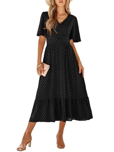 Image of IFFEI Women Summer Maxi Dresses V Neck Chiffon Ruffle Sleeve Swiss Dots A-Line Dress Stretchy High Waist Flowy Wedding Guest Dress Ladies Dresses Black