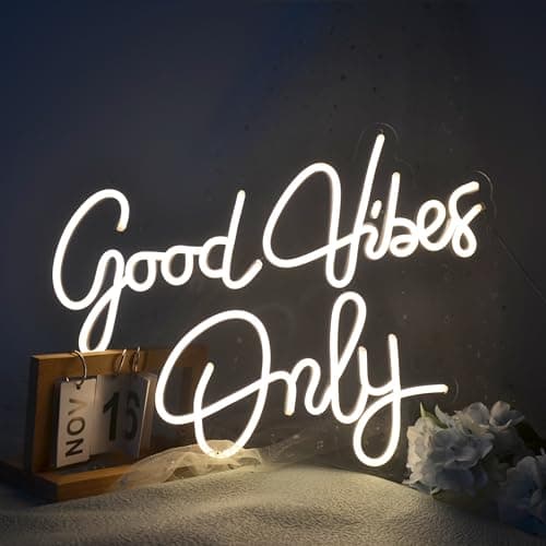 Image of Large Good Vibes Only Neon Sign - Add Warmth and Style to Your Space, Ideal for Bedroom, Bar, Hotel, Home, Party and Wedding Wall Decor, Size 43 x 35cm, LED Neon Light with Dimmer