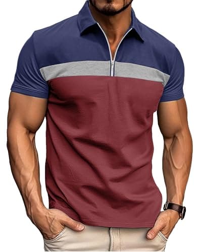 Image of Ryehack Men's 1/4 Zip Polo Shirt Short Sleeve, Raglan & Contrast Design - Casual & Golf T-Shirt, Blue+Red, L