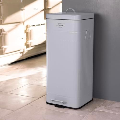 Image of CHARLES BENTLEY Kitchen Bin, 30 Litre, Steel, Square, Retro Style, Kitchen Pedal Waste Bin, Light Grey, Contemporary, Aesthetic, Convenient, Side And Lid Handles, Inner Bucket, Easy Emptying (67x27cm)