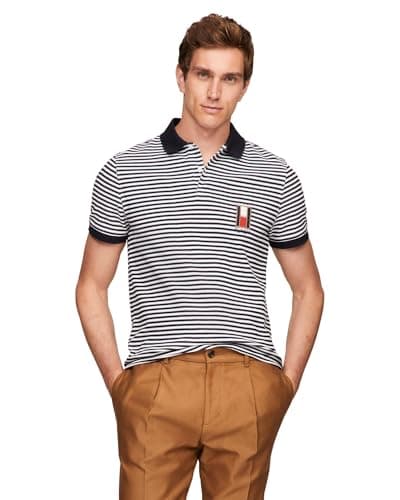 Image of Tommy Hilfiger Men's Short Sleeve Casual Polo Shirts in Regular Fit with Stretch and Vertical Logo Designs, Desert Sky/White, Large