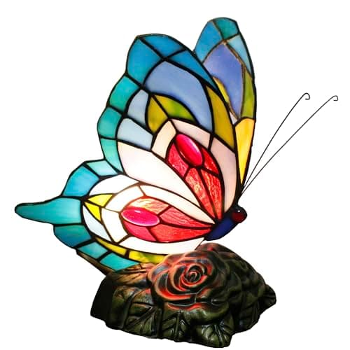 Image of ZJART Small Tiffany Table lamp Stained Glass Butterfly Desk Lamp 7X5X9.8 Inch Accent Antique Light (Yellow Butterfly) (Blue Red Butterfly)