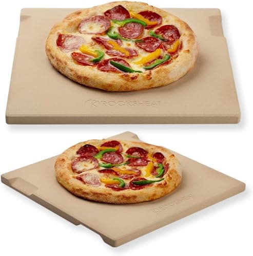 Image of ROCKSHEAT Pizza Stone Bread Baking Stone for Oven and Grill Innovative Double-Sided Built-in Design with 4 Handles (30.5 x 30.5 x 1.5cm Rectangular)