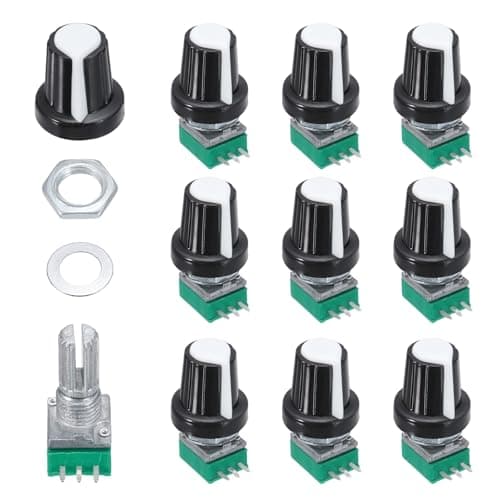 Image of sourcing map 10 Set RK097NS 10K Potentiometer Kit, Single Linear Rotary Seal Amplifier Potentiometers with Knobs Nuts Washers for Circuit Connection Volume Control, Black/White