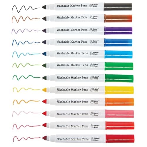 Image of Baker Ross FN513 Washable Colour Marker Pens - Pack of 12, Felt Tip Pens for Kids