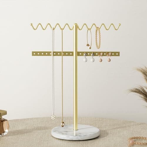Image of Josmimic Gold Necklace Holder Organizer – Modern Metal Jewellery Tree for Hanging Necklaces and Bracelets – Minimalist Countertop Jewellery Stand, Wave Shape