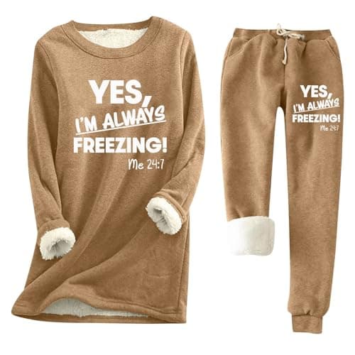 Image of Generisch Womens Fleece Lined Letter Print Warm Winter Crew Neck Tops Joggers 2 Piece Outfit Tracksuits, khaki, M