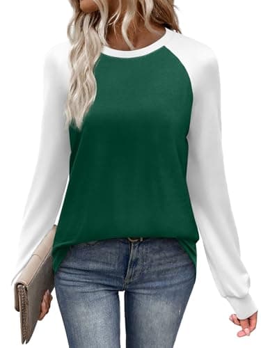 Image of WIHOLL Women's Long Sleeve Block T Shirt For Women Crew Neck Ladies Tops Tunic Shirts Size 10-12 Green