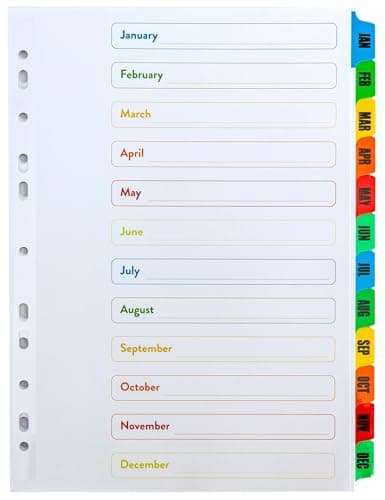 Image of A4 Jan-Dec Monthly 12 Part File Dividers (5 Pack) January to December Mylar Reinforced Plastic Multi Coloured Index Tabs Multi Punched