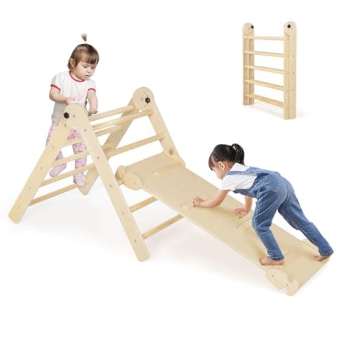 Image of COSTWAY Toddler Climbing Frame, Foldable Kids Indoor Gym Playset with Double-side Ramp, Wooden Triangle Cilmbing Montessori Toy for Boys Girls (Natural)