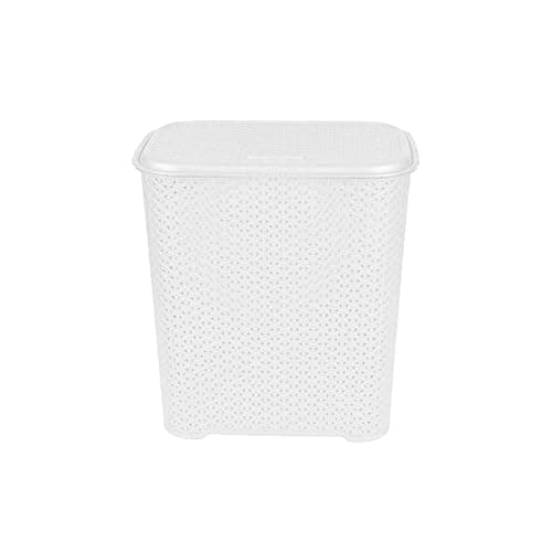 Image of 45 Litre Plastic Rattan Style Laundry Hamper Storage Linen Clothes Washing Basket Laundry Basket With Lid and Carry Out Handles Storage Bins For Dirty Clothes Toys Bathroom Bedroom (White)