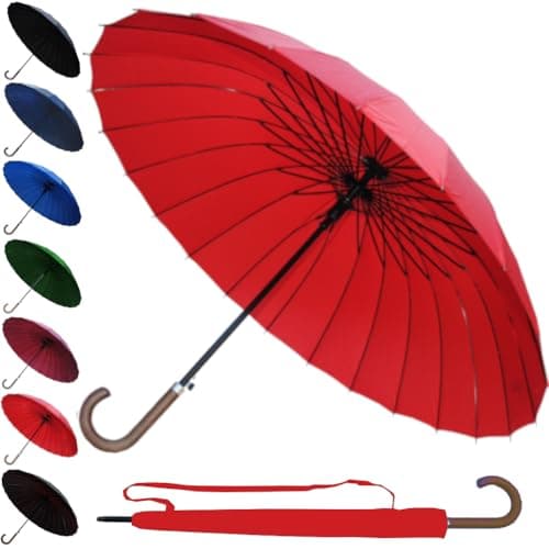 Image of 60MPH StormDefender 24 Rib Windproof Strong Umbrella - Large Umbrella for Golf, Sport and Everyday Use - Big Reinforced Frame - Automatic - Wood Hook Handle - Designer Rainproof Men Women - Candy Red