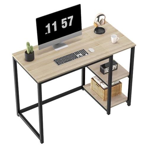 Image of WOHOMO Computer Desk 100cm with 2-Tier Shelves Sturdy Home Office Desk with Large Storage Space Modern Gaming Desk Study Writing Laptop Table for Small Spaces, Oak
