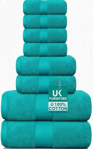 Image of UK furniture Luxury Towel Set 8 Piece 100% Egyptian Cotton 2 Bath Towels, 2 Hand Towels, 4 Washcloth Super Soft Highly Absorbent Bathroom Bale Set Quick Drying 600GSM (Teal)