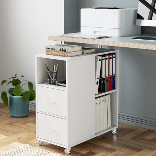 Image of HOCSOK Mobile File Cabinet, Office Filing Cabinet with Open Shelves and Drawers, Under Desk File Cabinet, White