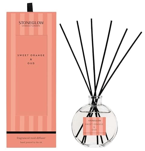Image of Stoneglow Modern Classics Sweet Orange & Oud Reed Diffuser 120ml with Citrus Orange, Spiced Oud & Vanilla, 12 Rattan Reed Diffuser Sticks, Lasts 10 Weeks, Refillable Home Fragrance Air Freshener