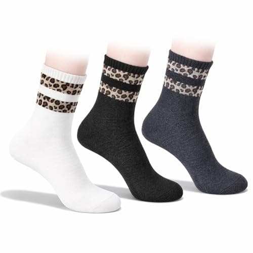 Image of TIESOME 4 Pairs Leopard Print Socks Women, Calf Length Ladies Boot Sock, Soft Breathable Polyester Crew Socks for Business, Work, Hiking & Sports(Black + Gray + White,Stripe)