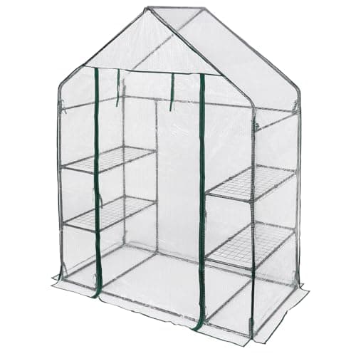 Image of Walk-In Greenhouse with Shelves 143x73x195cm – Reinforced PE Cover Portable Outdoor Garden Green House for Plants Tomatoes Seedlings Vegetables – Heavy Duty Mini Grow House (White)