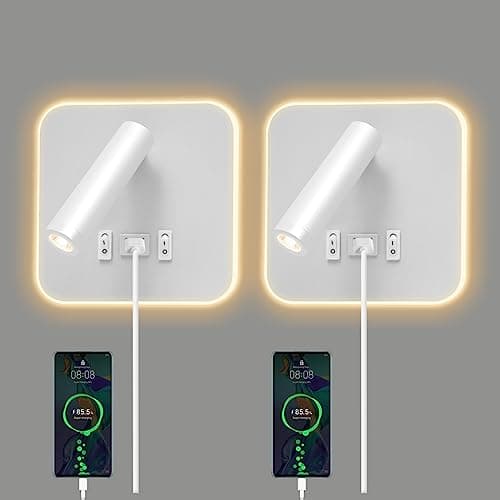 Image of Bedside Reading LED Wall Light, Wall Mounted Reading Lamp with Switch and USB Port, 350° Rotatable Wall Sconce Spotlight for Bedroom, Hallway, Hotel, Adjustable 3000K Warm Lamp, 3W+9W(2pcs-white)