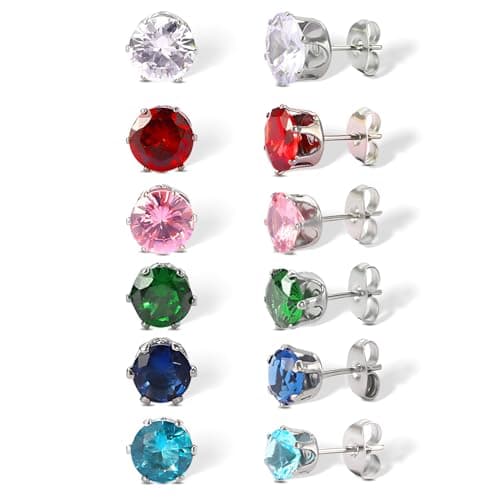 Image of YUFFQOPC 6 Pairs Women's Hypoallergenic Silver Cubic Zirconia Stud Earrings 8MM Mini Cartilage Sleeper Studs (Coloured Diamond Earrings)
